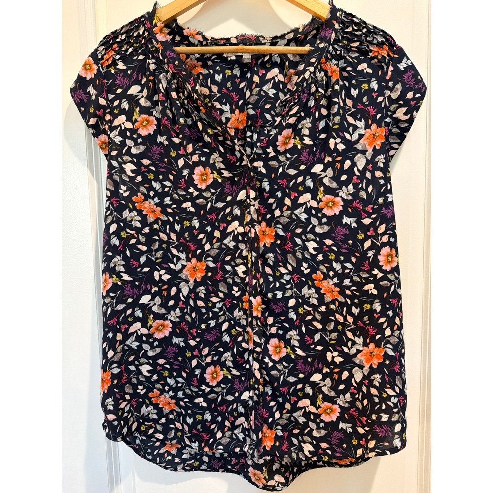 Daniel Rainn Floral Cap Sleeve Pleated Blouse Navy Orange Pink Large D14873PR1
